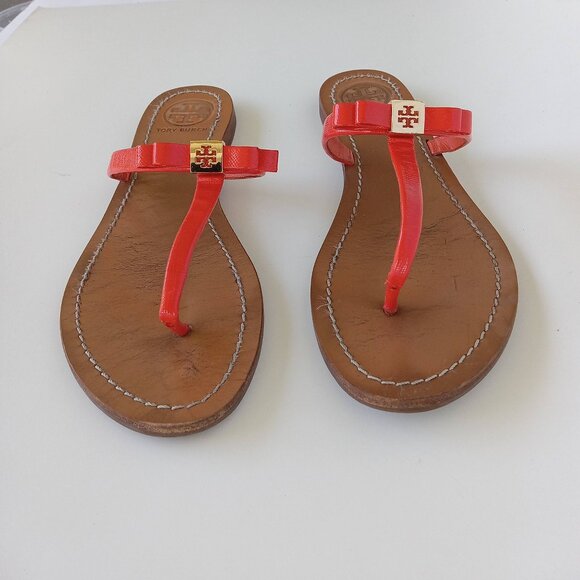 Tory Burch Flat Patent Leather Thong Sandals Women Flip Flop Orange Logo US 7.5 - Picture 16 of 16